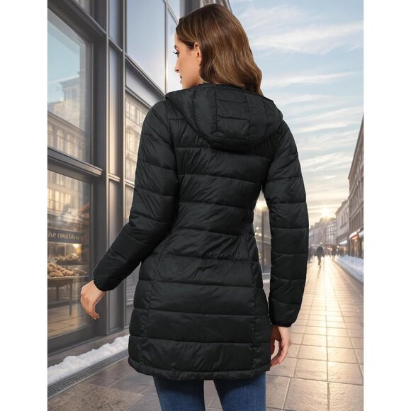 🆕 Women Black Long Quilted Puffer Coat Packable Lightweight Pockets Jacket Hood - Picture 3 of 9